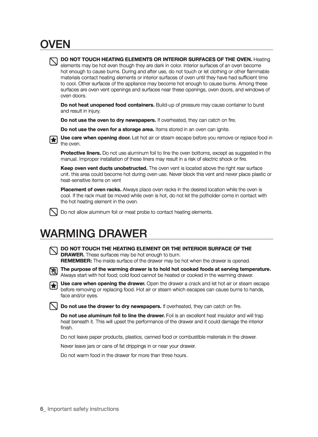 Samsung FTQ352IWW, FTQ352IWB user manual Oven, Warming Drawer, _ Important safety instructions 