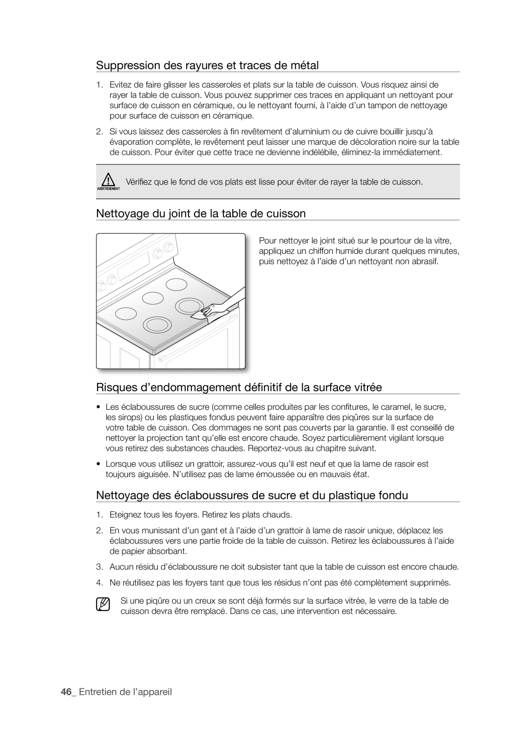 Samsung FTQ352IWX user manual Suppression des rayures et traces de métal, Nettoyage du joint de la table de cuisson 