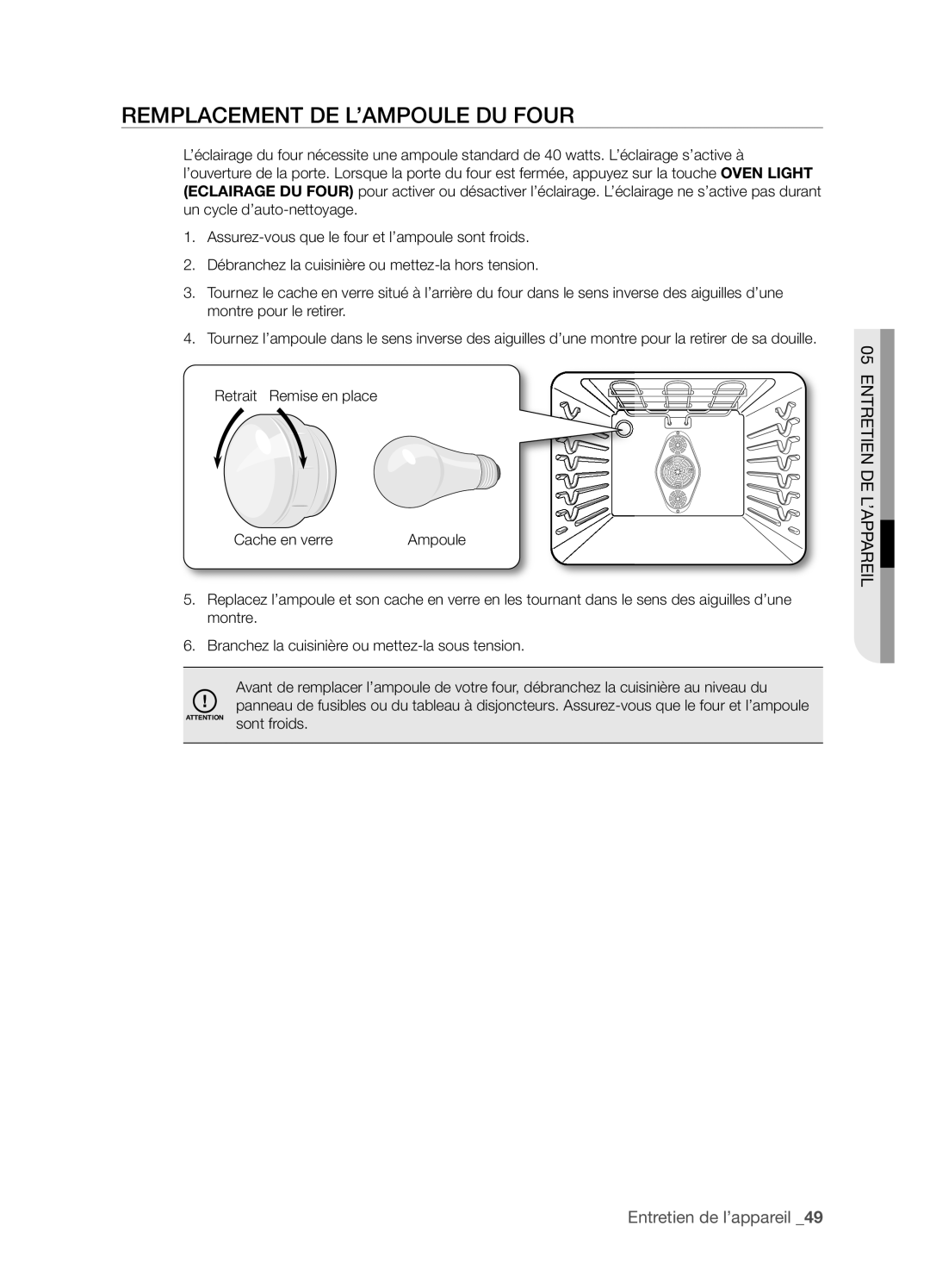 Samsung FTQ352IWX user manual Remplacement DE L’AMPOULE DU Four, Retrait Remise en place Cache en verre 