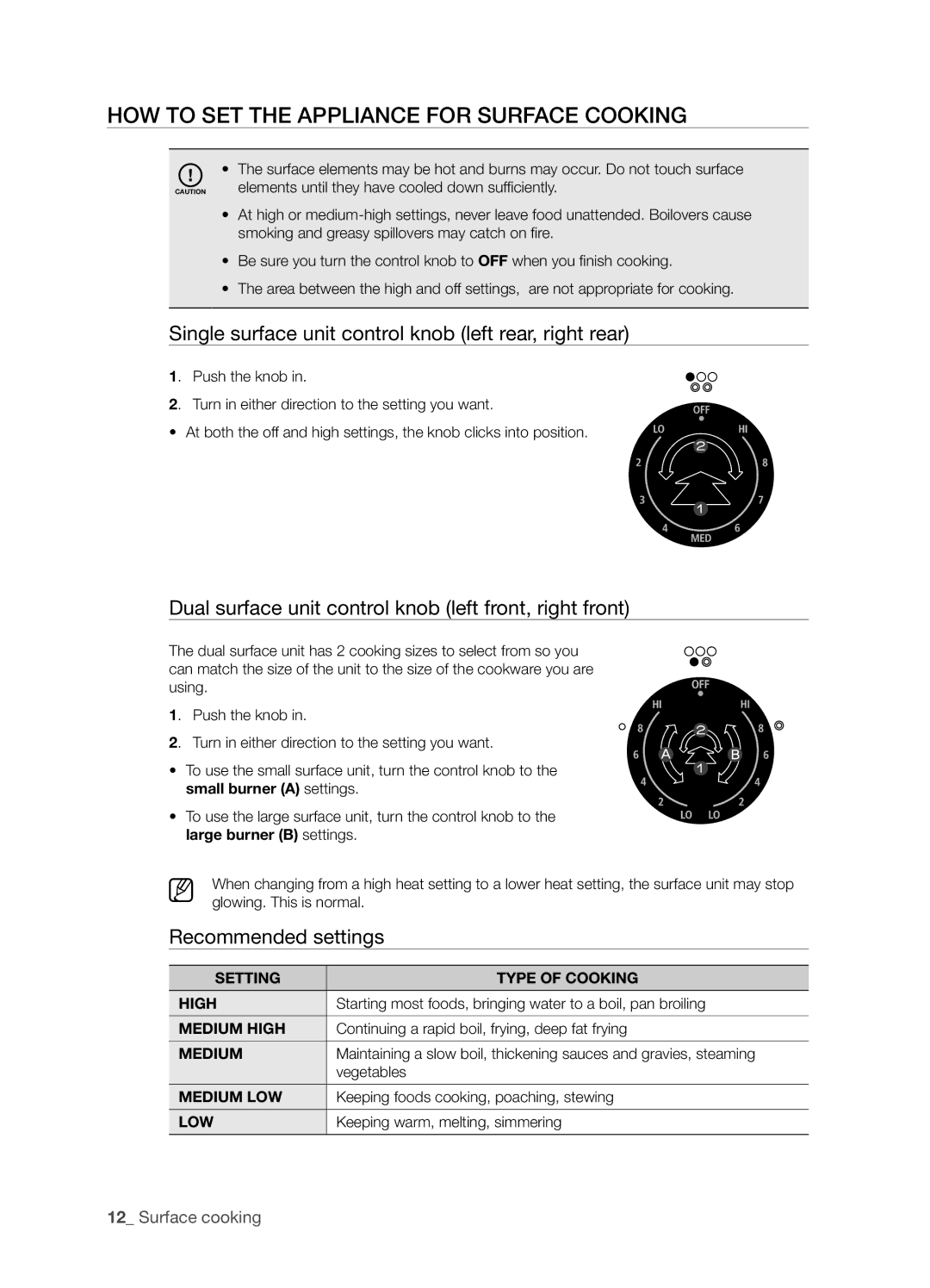 Samsung FTQ352IWX How to set the appliance for surface cooking, Single surface unit control knob left rear, right rear 