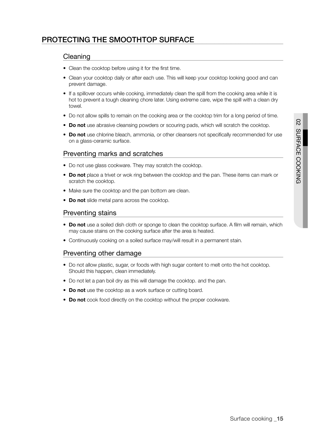 Samsung FTQ352IWX user manual Protecting the smoothtop surface, Cleaning, Preventing marks and scratches, Preventing stains 