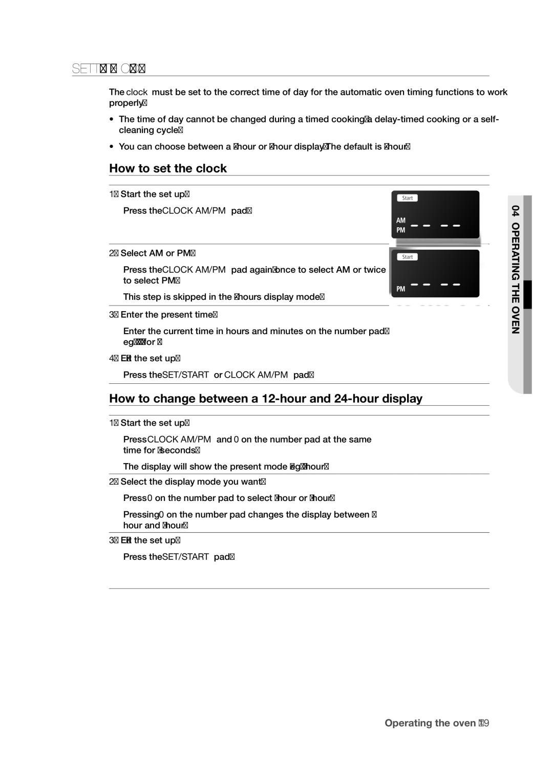 Samsung FTQ352IWX user manual Setting the Clock, How to set the clock, How to change between a 12-hour and 24-hour display 