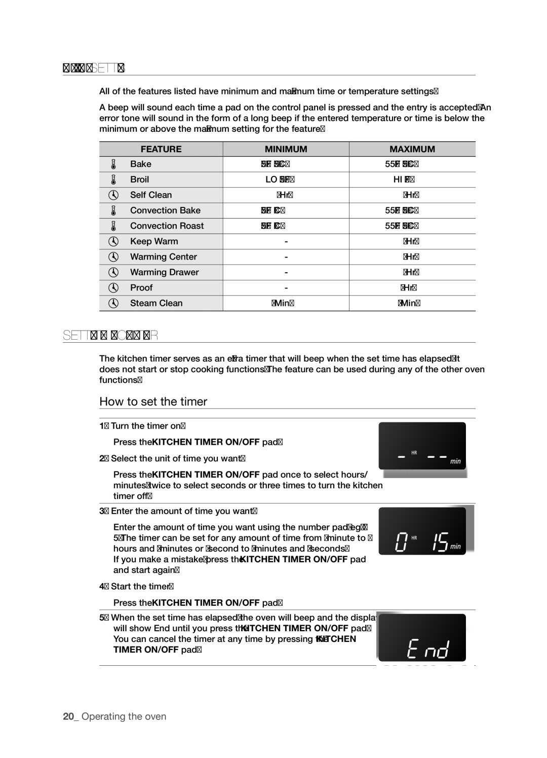 Samsung FTQ352IWX Minimum and Maximum Settings, Setting the Kitchen Timer, How to set the timer, Feature Minimum Maximum 