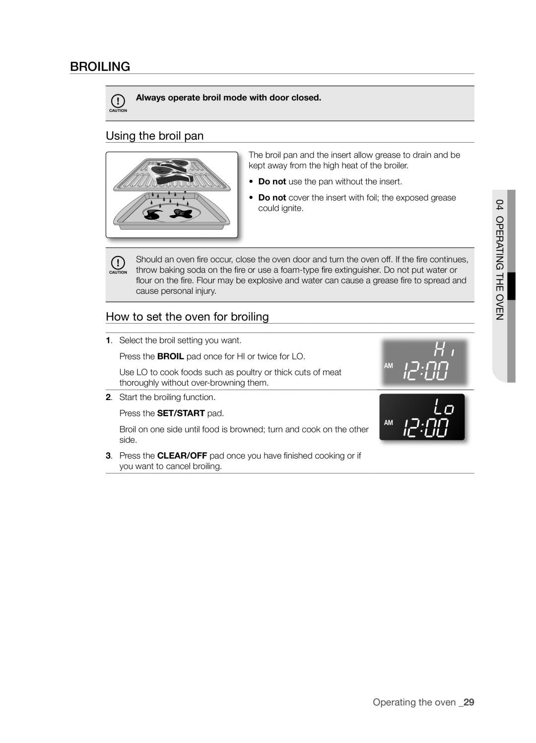 Samsung FTQ352IWX user manual Broiling, Using the broil pan, How to set the oven for broiling 