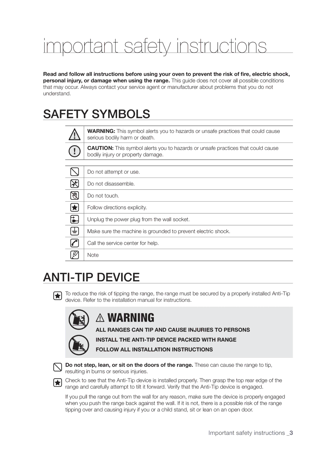 Samsung FTQ352IWX user manual Important safety instructions, Safety Symbols, ANTI-TIP Device 