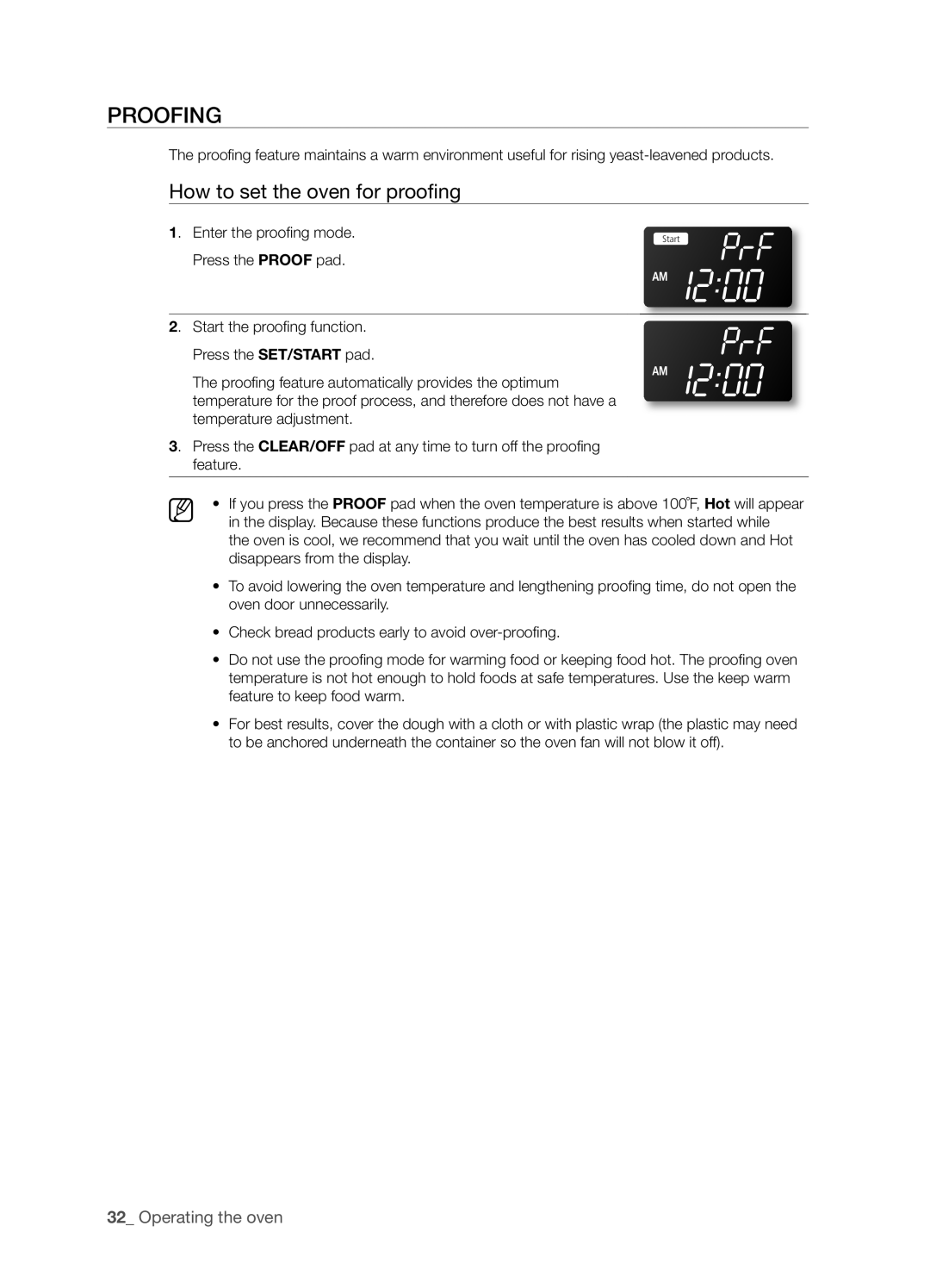 Samsung FTQ352IWX user manual Proofing, How to set the oven for proofi ng 