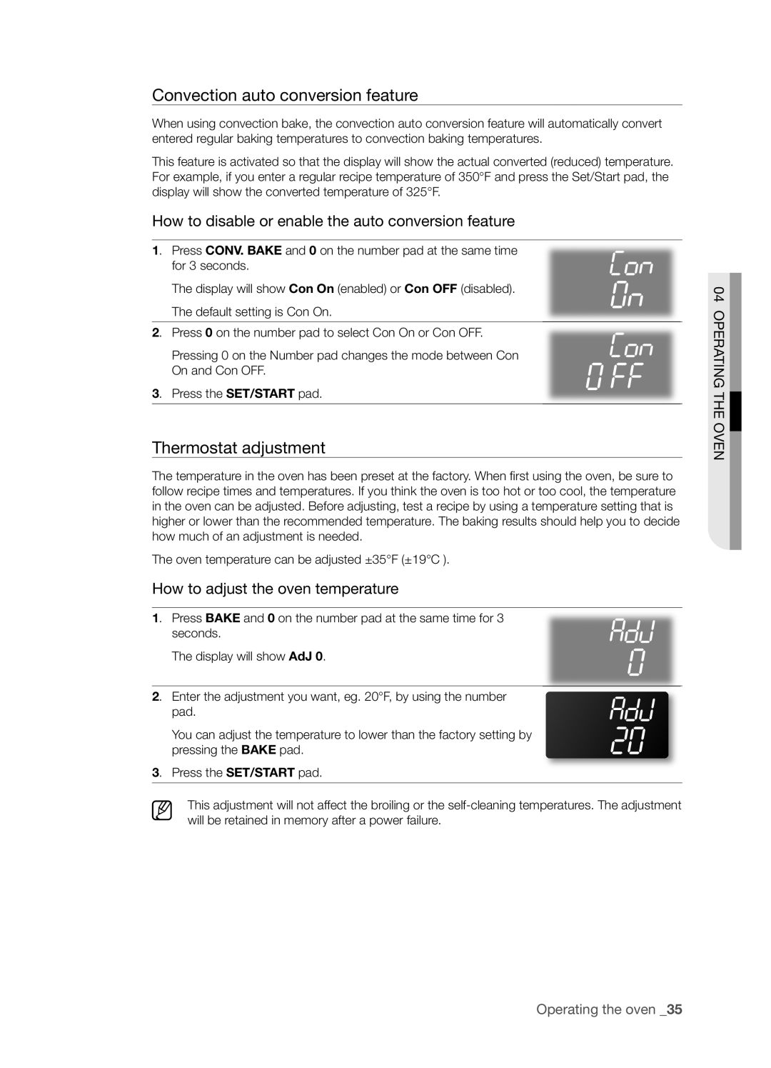 Samsung FTQ352IWX user manual Convection auto conversion feature, Thermostat adjustment, How to adjust the oven temperature 