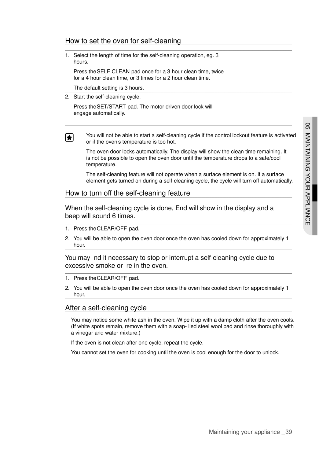 Samsung FTQ352IWX user manual How to set the oven for self-cleaning, How to turn off the self-cleaning feature 