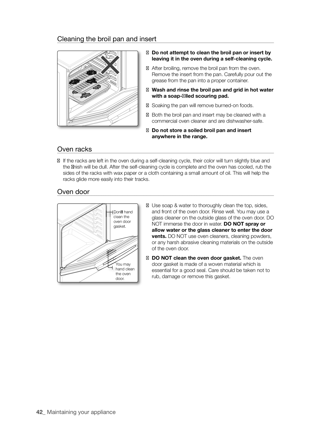 Samsung FTQ352IWX Cleaning the broil pan and insert, Oven racks, Oven door, Soaking the pan will remove burned-on foods 