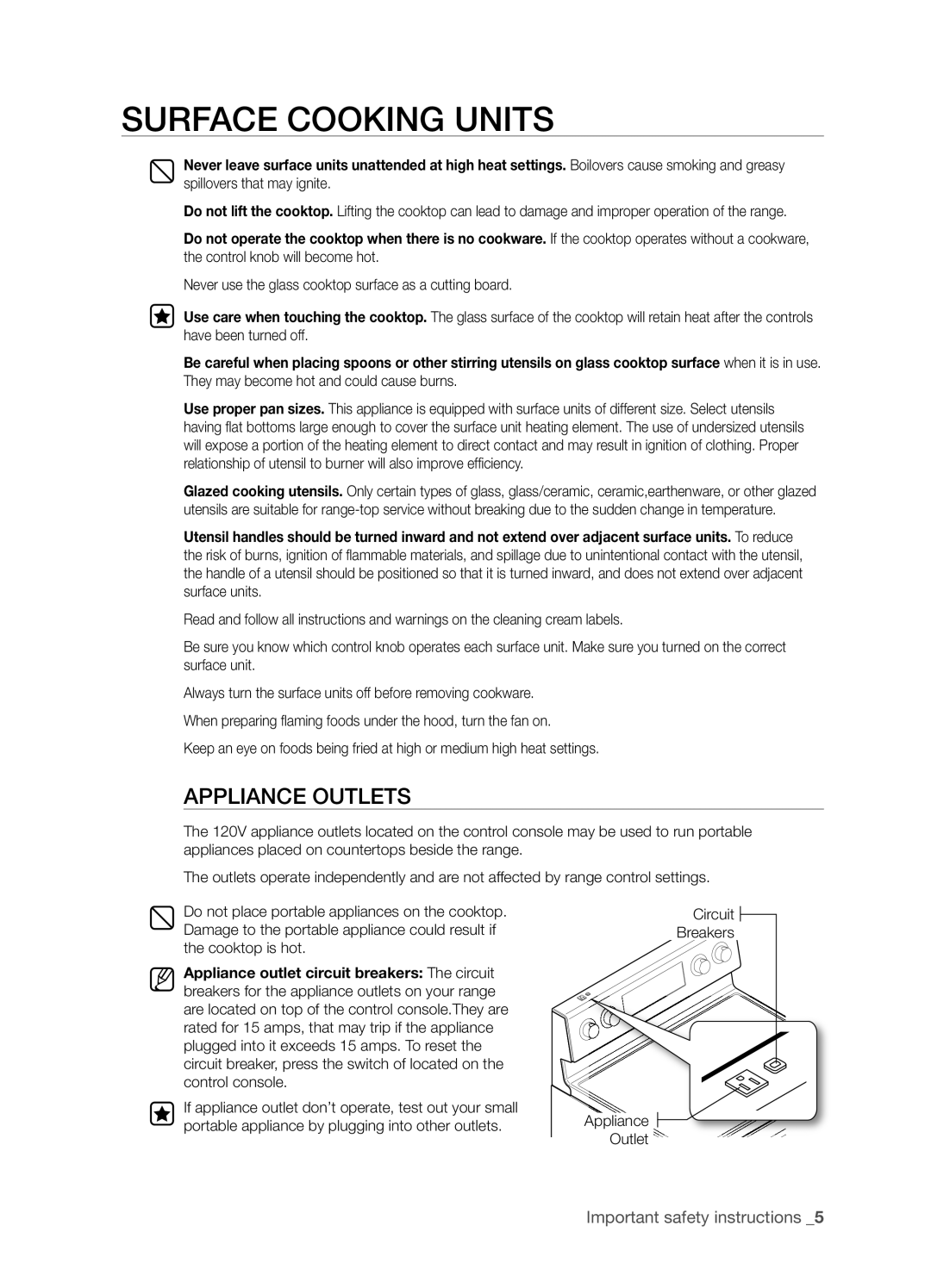 Samsung FTQ352IWX user manual Surface Cooking Units, Appliance Outlets, Circuit Breakers 