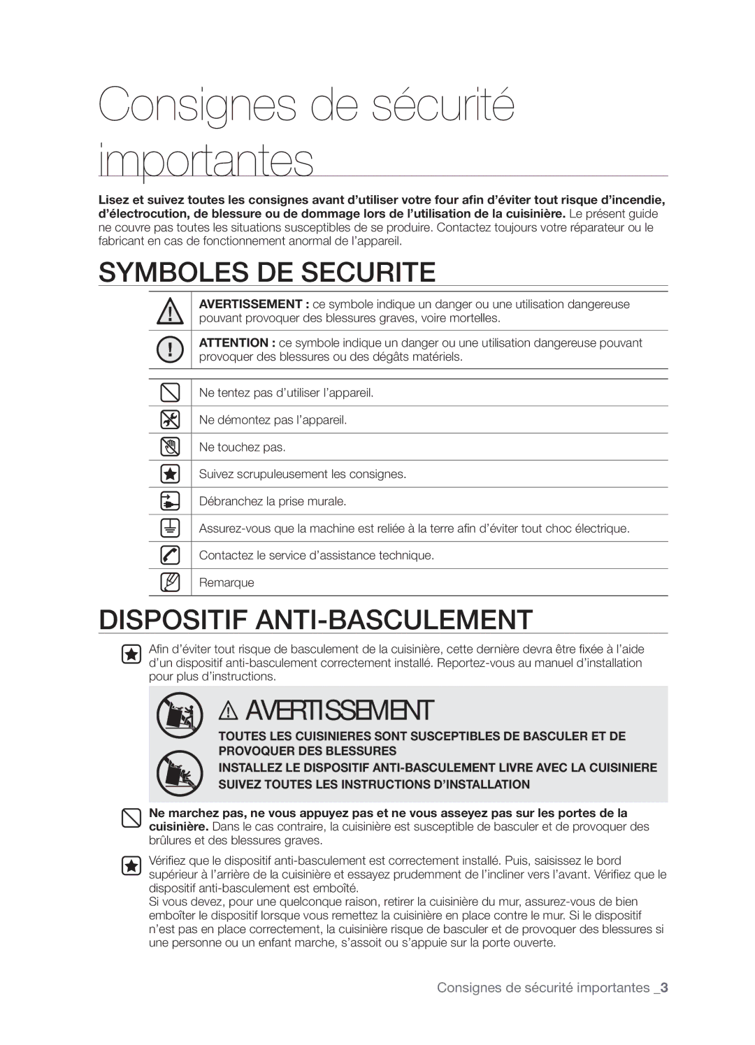 Samsung FTQ352IWX Consignes de sécurité importantes, Symboles DE Securite, Dispositif ANTI-BASCULEMENT, Avertissement 