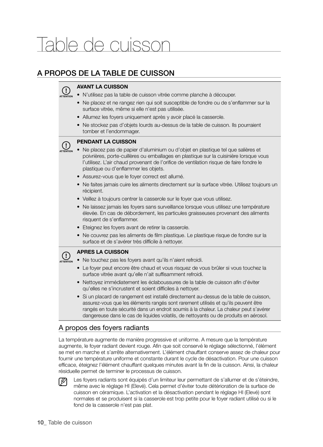 Samsung FTQ352IWX user manual Table de cuisson, Propos de la table de cuisson, Propos des foyers radiants 