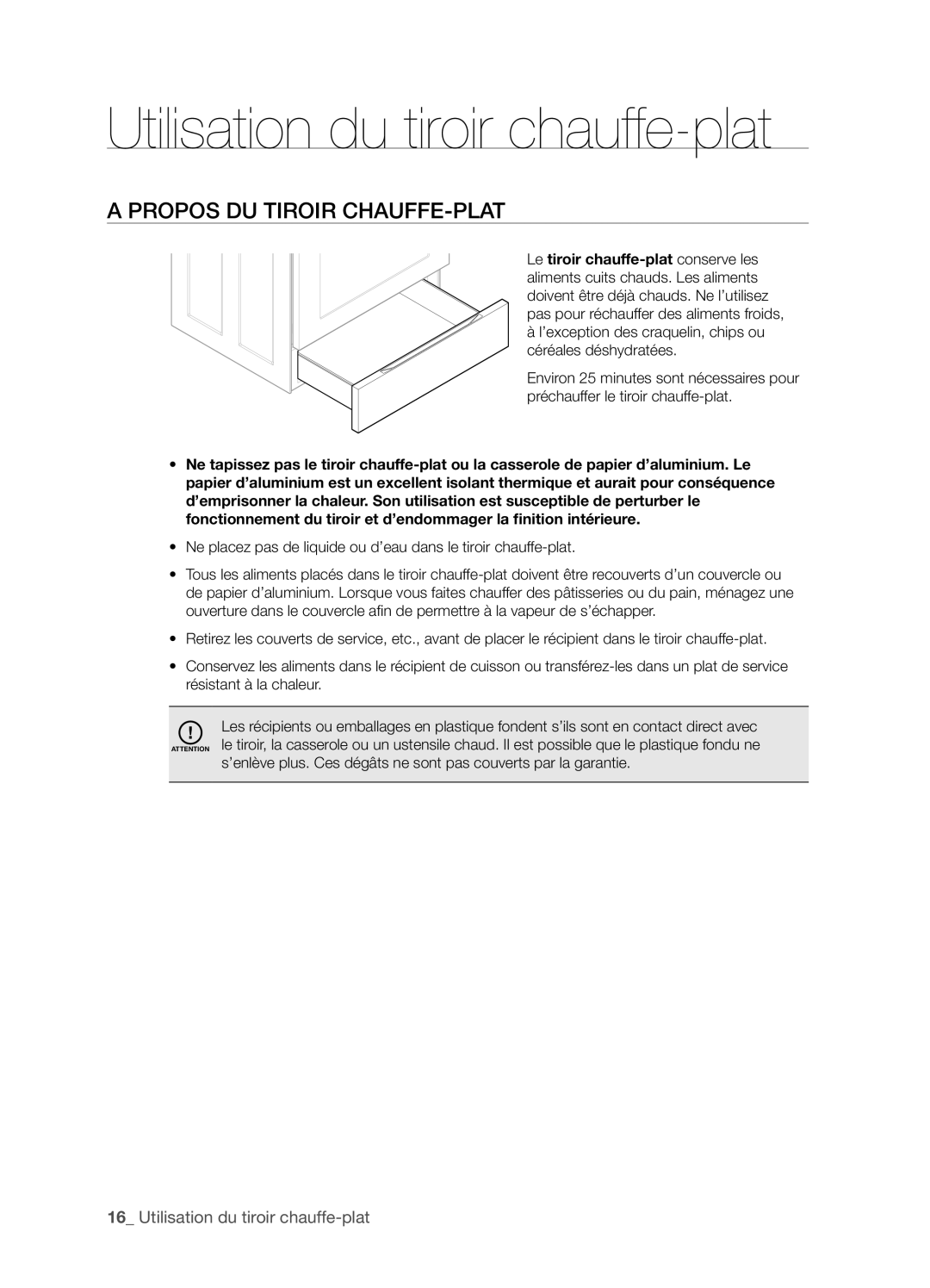 Samsung FTQ352IWX user manual Utilisation du tiroir chauffe-plat, Propos du tiroir chauffe-plat 