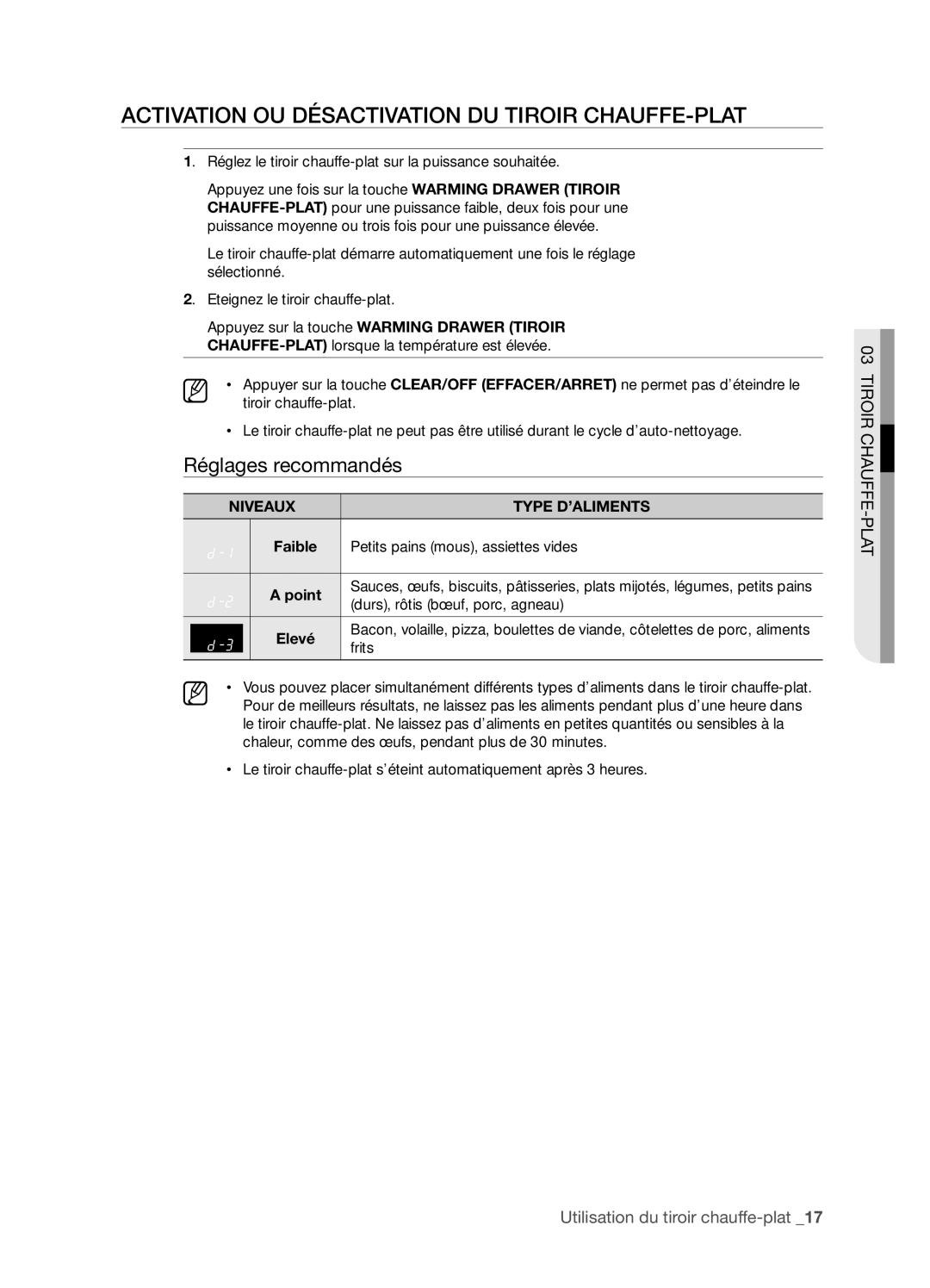 Samsung FTQ352IWX user manual Activation OU DéSACTIVATION DU Tiroir CHAUFFE-PLAT, Niveaux 