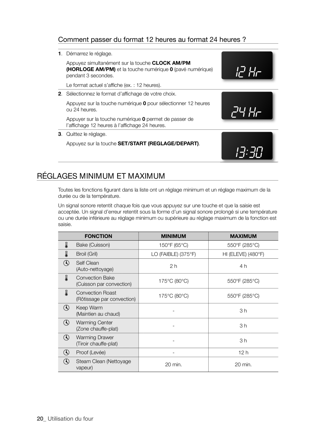 Samsung FTQ352IWX user manual RéGLAGES Minimum ET Maximum, Comment passer du format 12 heures au format 24 heures ? 