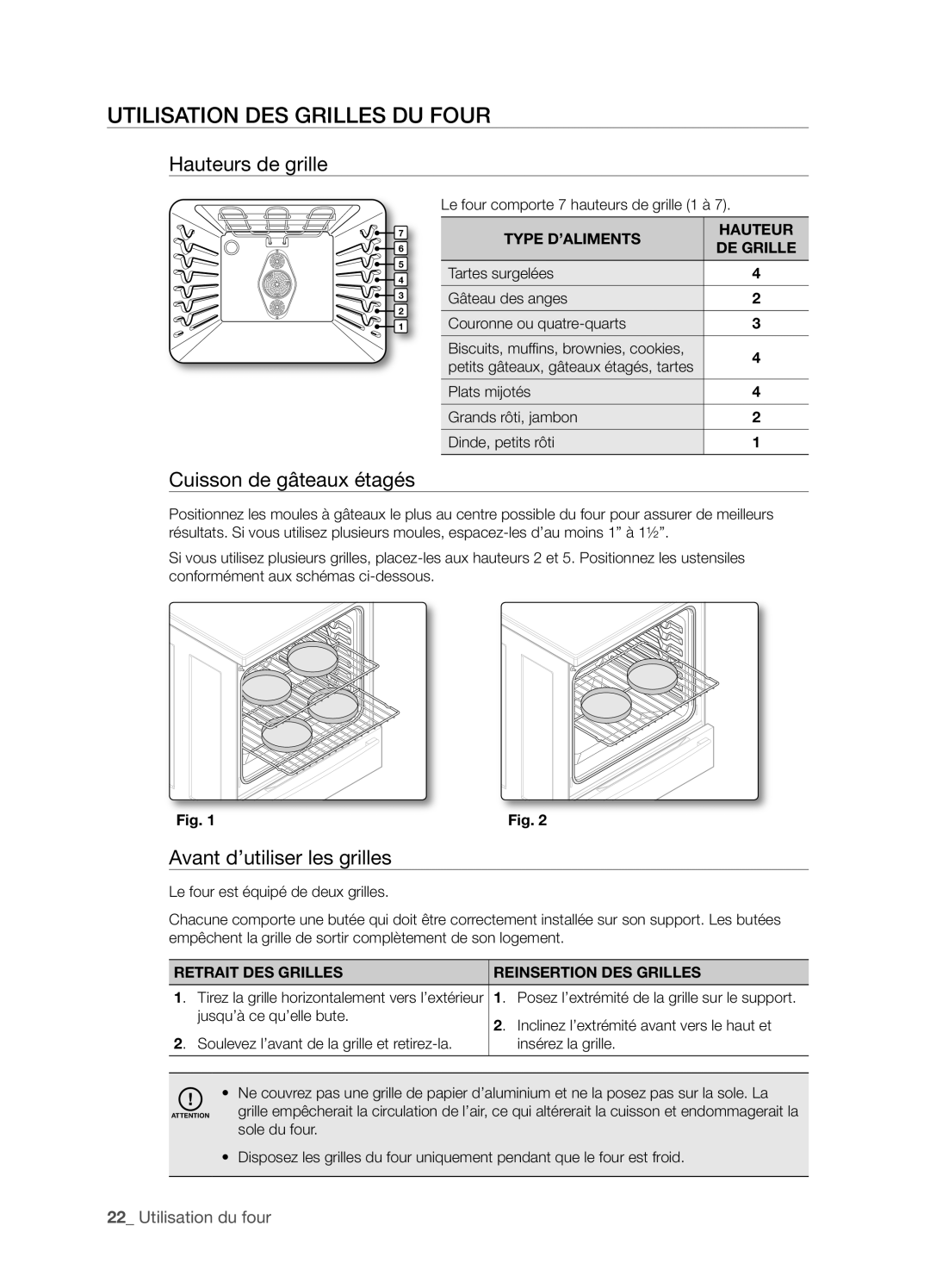 Samsung FTQ352IWX user manual Utilisation DES Grilles DU Four, Hauteurs de grille, Cuisson de gâteaux étagés 