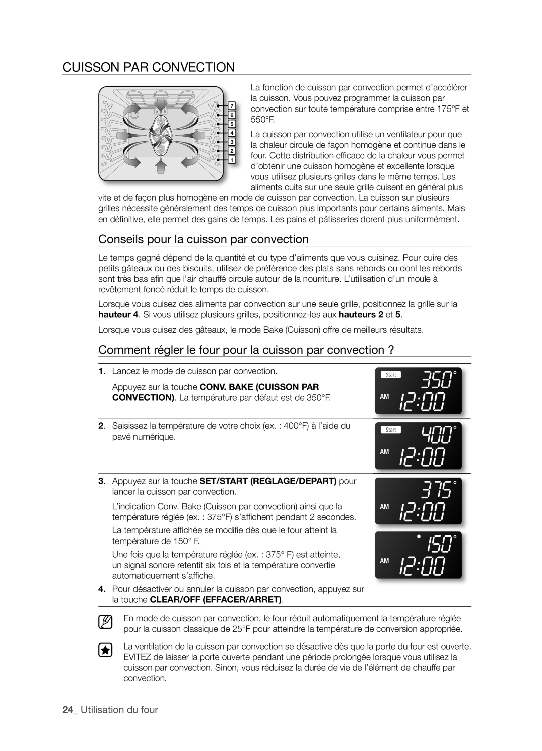 Samsung FTQ352IWX user manual Cuisson PAR Convection, Conseils pour la cuisson par convection 