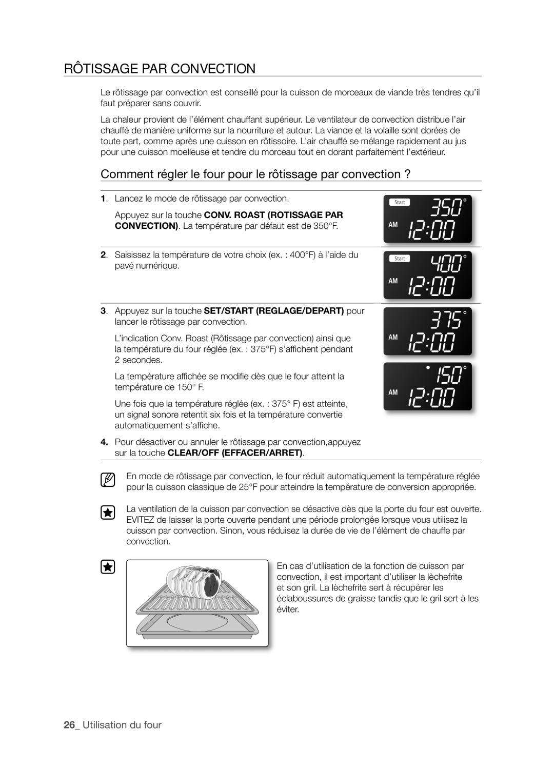 Samsung FTQ352IWX user manual Rôtissage PAR Convection, Comment régler le four pour le rôtissage par convection ? 