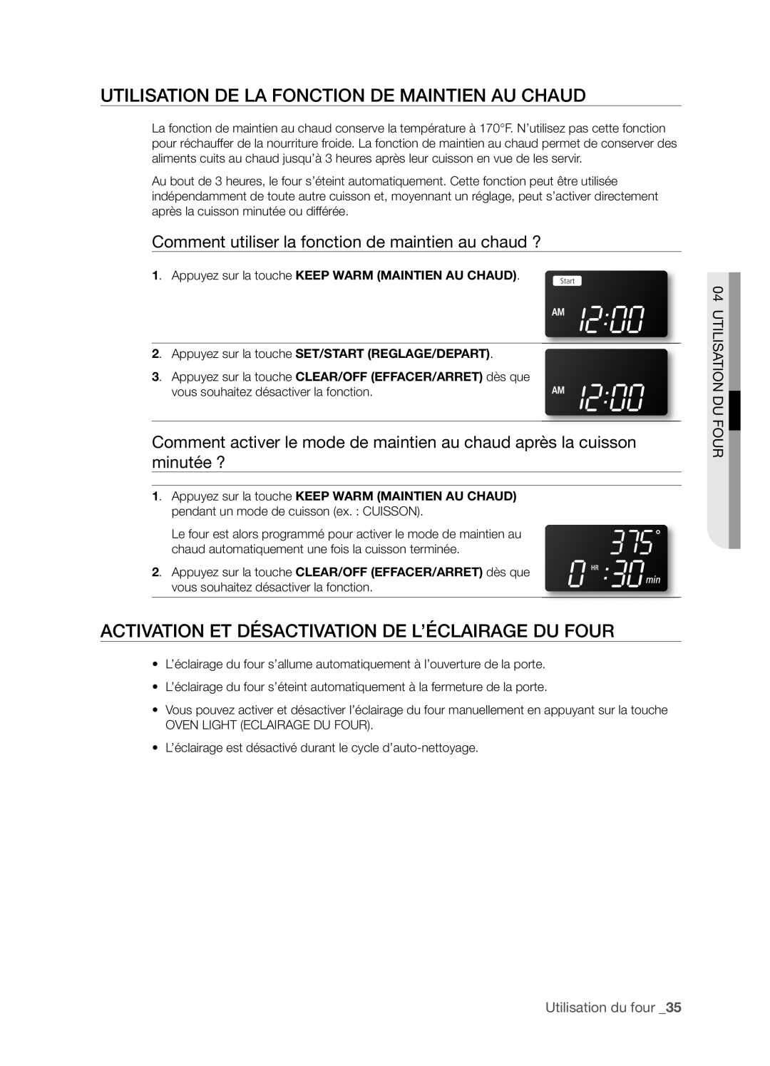 Samsung FTQ352IWX Utilisation DE LA Fonction DE Maintien AU Chaud, Activation ET DéSACTIVATION DE L’éCLAIRAGE DU Four 