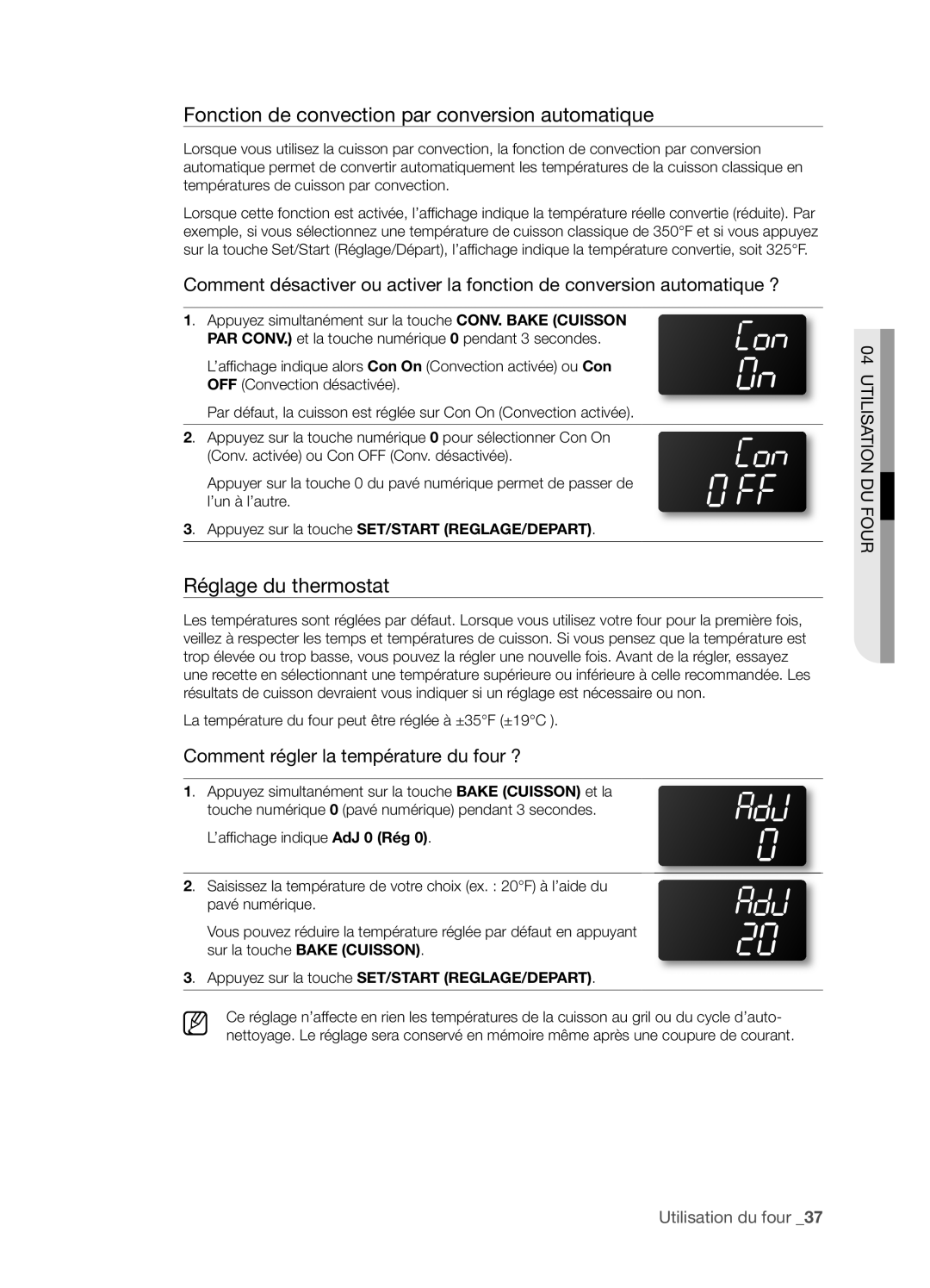 Samsung FTQ352IWX user manual Fonction de convection par conversion automatique, Réglage du thermostat 