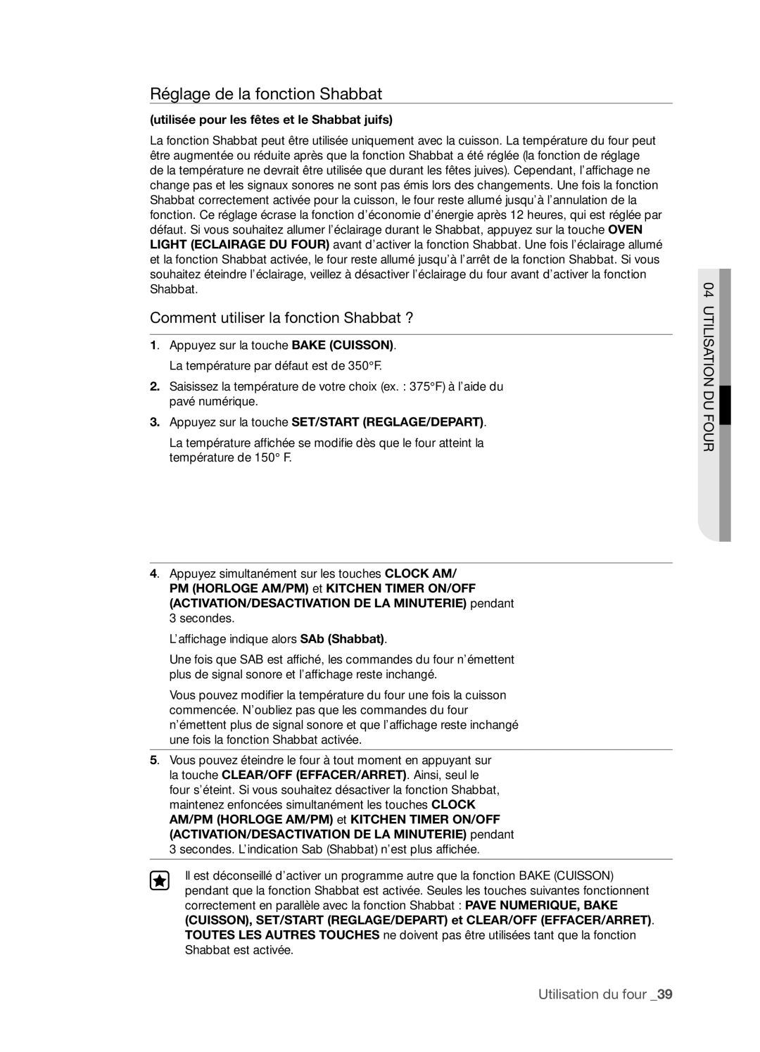 Samsung FTQ352IWX user manual Réglage de la fonction Shabbat, Comment utiliser la fonction Shabbat ? 