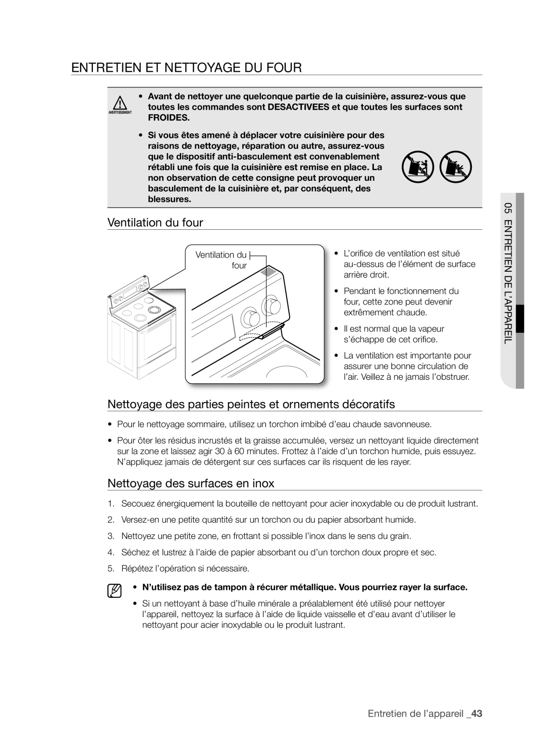 Samsung FTQ352IWX user manual Entretien ET Nettoyage DU Four, Ventilation du four, Nettoyage des surfaces en inox, Froides 