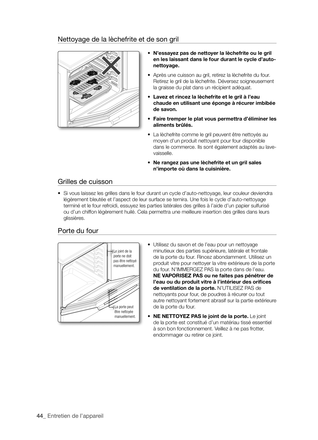 Samsung FTQ352IWX user manual Nettoyage de la lèchefrite et de son gril, Grilles de cuisson, Porte du four 