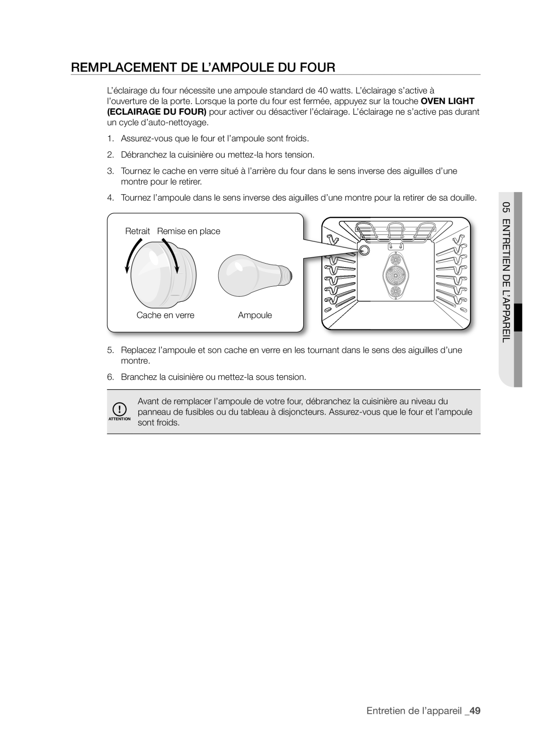 Samsung FTQ352IWX user manual Remplacement De L’Ampoule Du Four, Entretien De L’Appareil, Entretien de l’appareil _9 