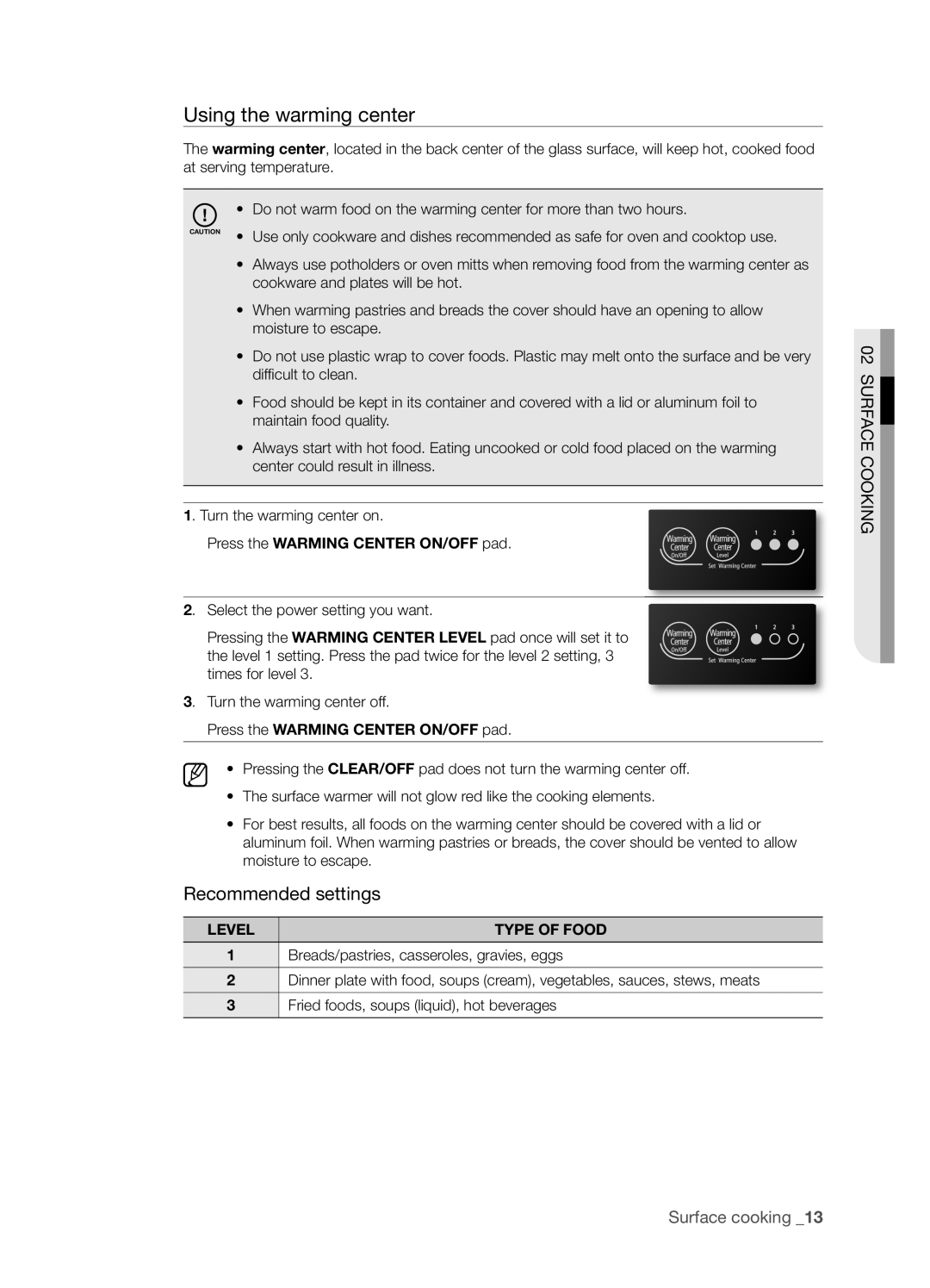 Samsung FTQ352IWX user manual Using the warming center, Recommended settings, Surface Cooking, Surface cooking 1 