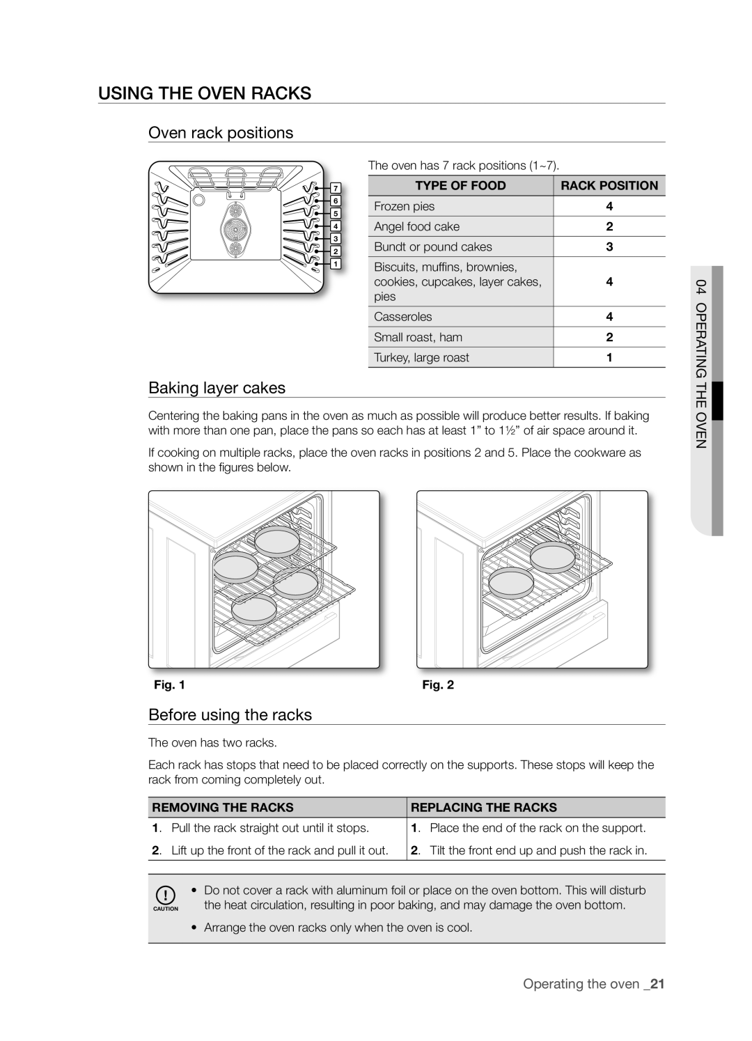Samsung FTQ352IWX user manual Using The Oven Racks, Oven rack positions, Baking layer cakes, Before using the racks 