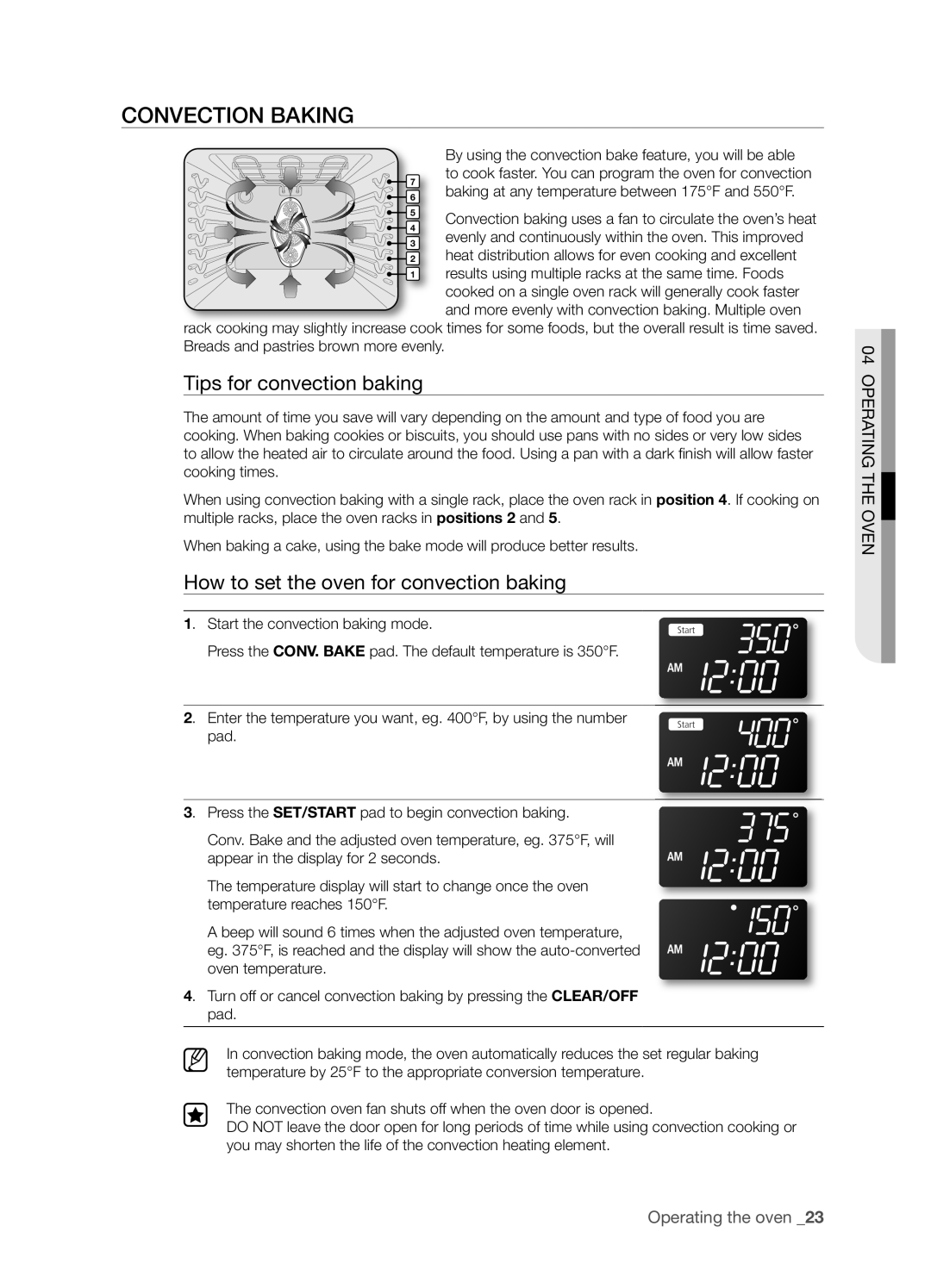 Samsung FTQ352IWX user manual Convection Baking, Tips for convection baking, How to set the oven for convection baking 