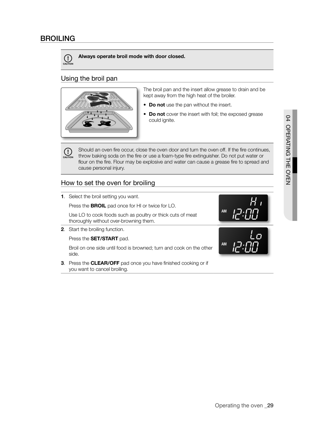 Samsung FTQ352IWX user manual Broiling, Using the broil pan, How to set the oven for broiling, Operating The Oven 