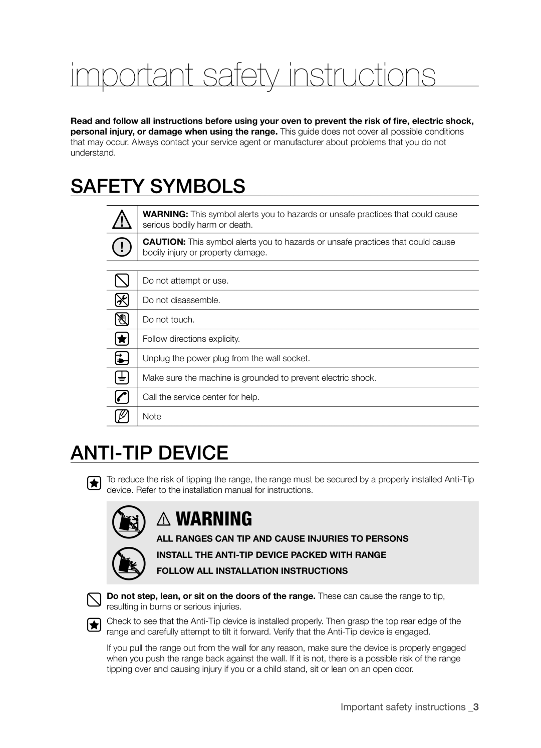 Samsung FTQ352IWX important safety instructions, Safety Symbols, Anti-Tipdevice, Important safety instructions _ 