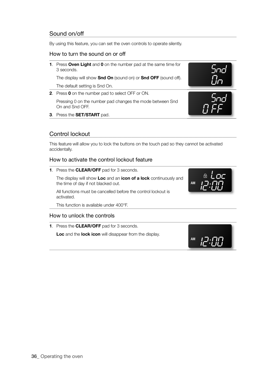 Samsung FTQ352IWX user manual Sound on/off, Control lockout, How to turn the sound on or off, How to unlock the controls 