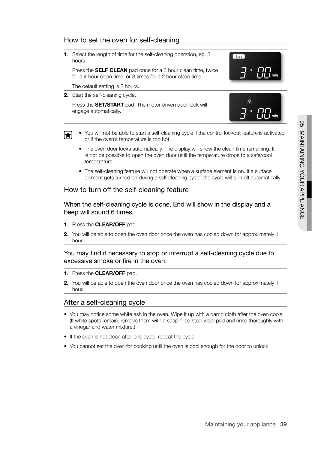 Samsung FTQ352IWX user manual How to set the oven for self-cleaning, How to turn off the self-cleaningfeature 