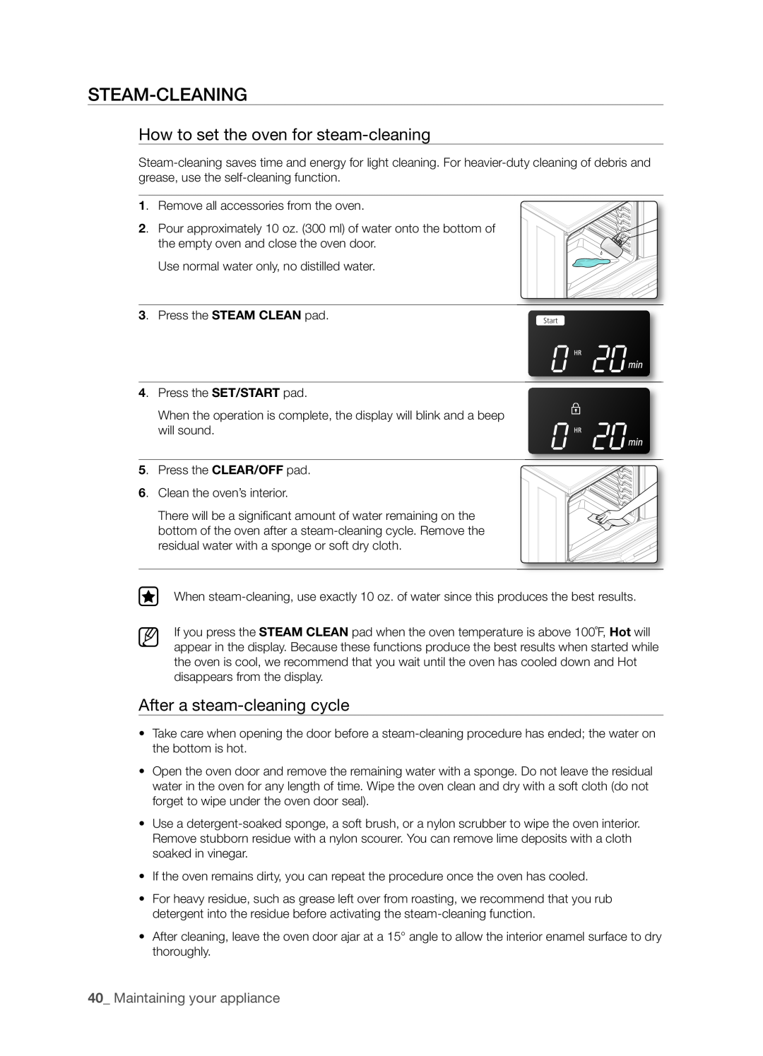 Samsung FTQ352IWX user manual Steam-Cleaning, How to set the oven for steam-cleaning, After a steam-cleaningcycle 