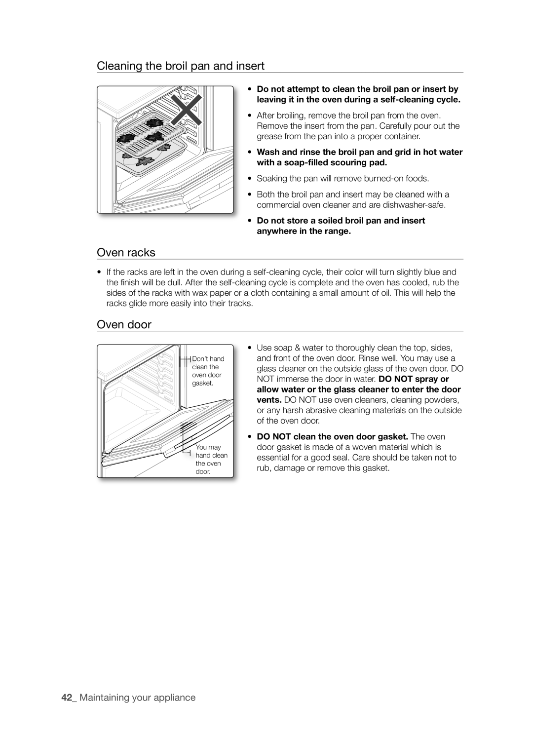 Samsung FTQ352IWX user manual Cleaning the broil pan and insert, Oven racks, Oven door, 2_ Maintaining your appliance 