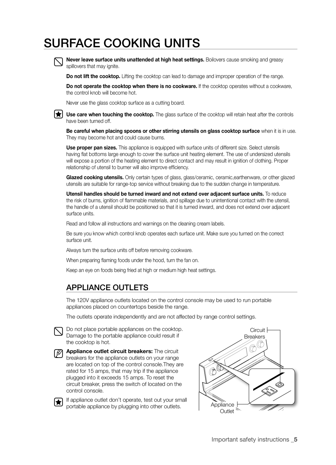 Samsung FTQ352IWX user manual Surface Cooking Units, Appliance Outlets, Important safety instructions _5 