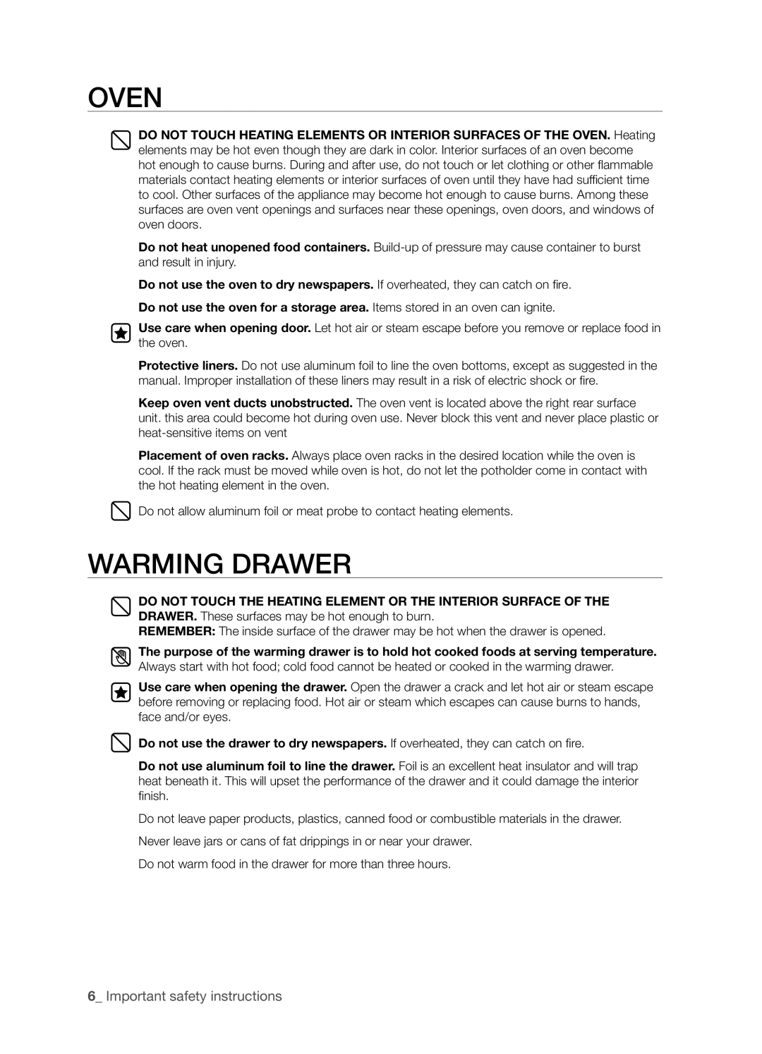 Samsung FTQ352IWX user manual Oven, Warming Drawer, _ Important safety instructions 