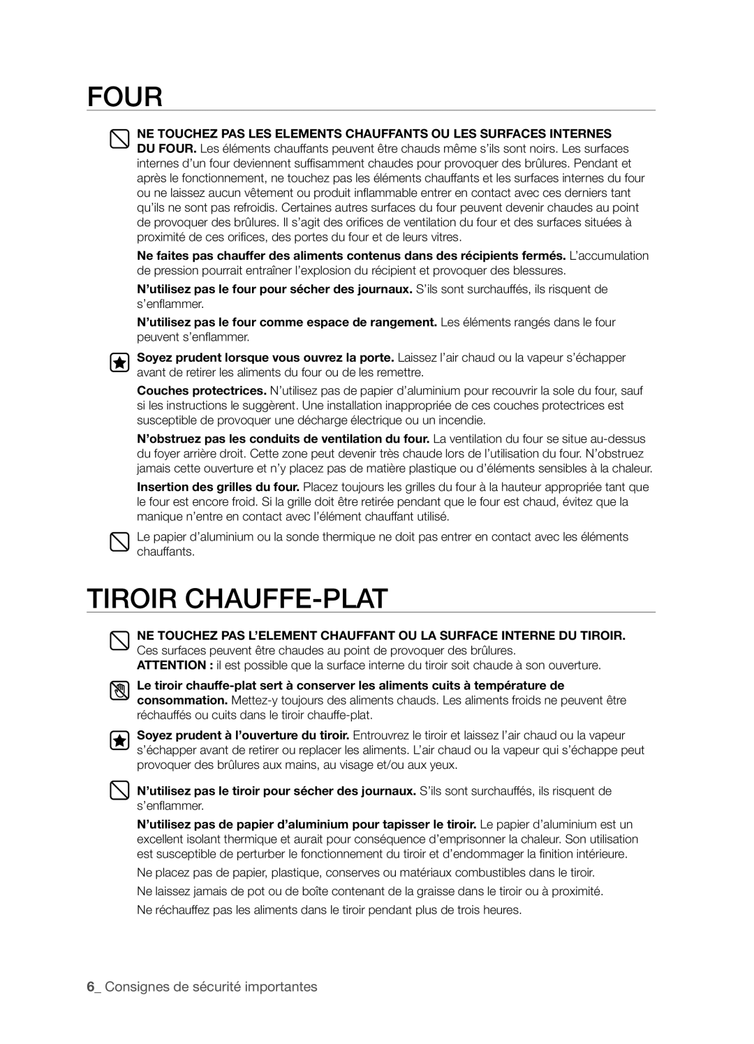 Samsung FTQ352IWX user manual Four, Tiroir Chauffe-Plat, _ Consignes de sécurité importantes 