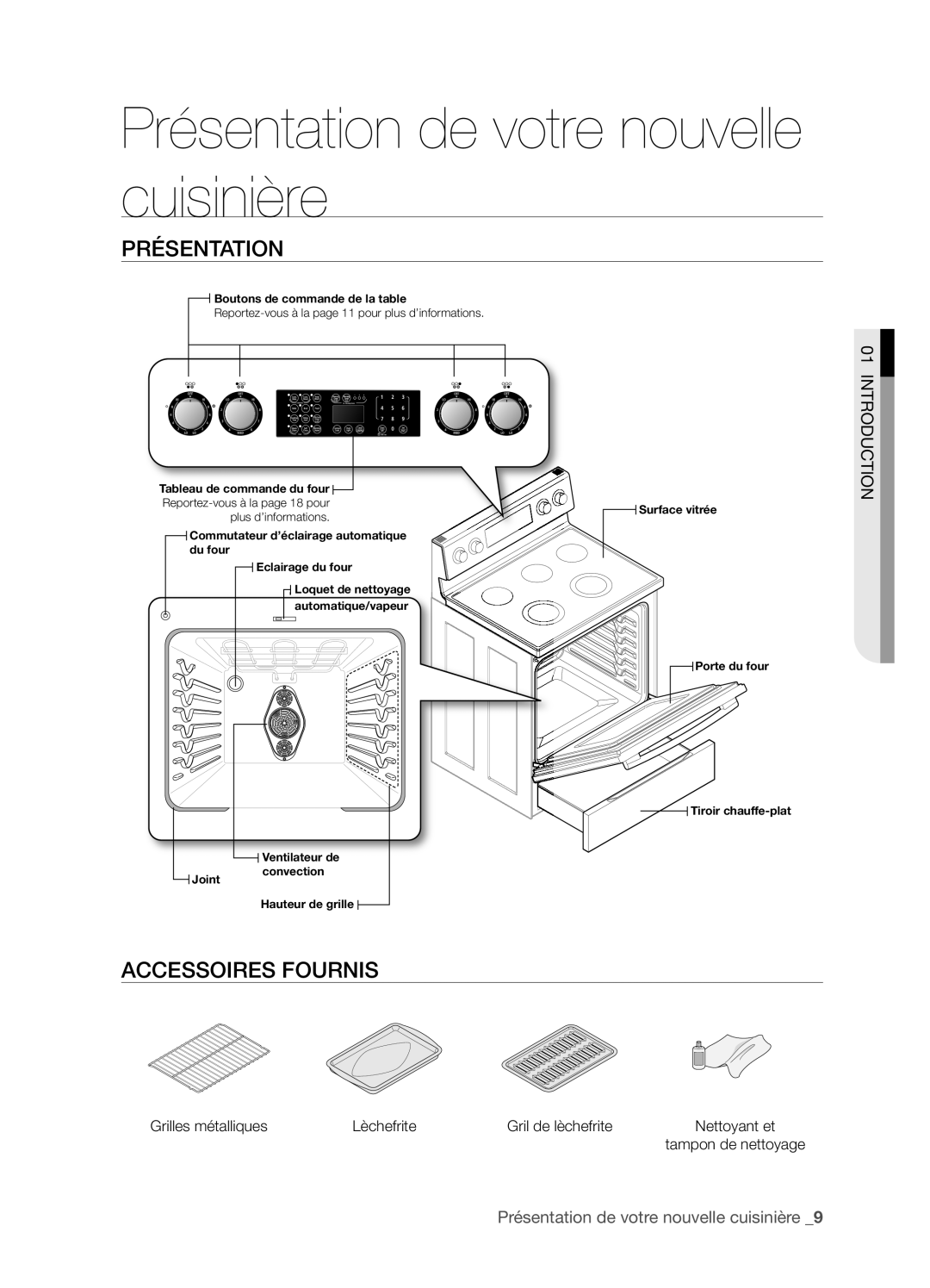 Samsung FTQ352IWX user manual Présentation de votre nouvelle cuisinière, PRéSENTATION, Accessoires Fournis, Introduction 