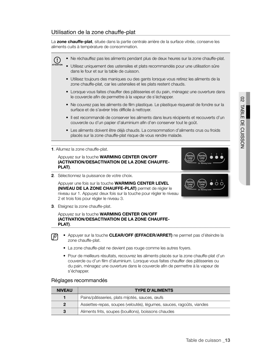 Samsung FTQ352IWX Utilisation de la zone chauffe-plat, Réglages recommandés, Table De Cuisson, Table de cuisson _1 