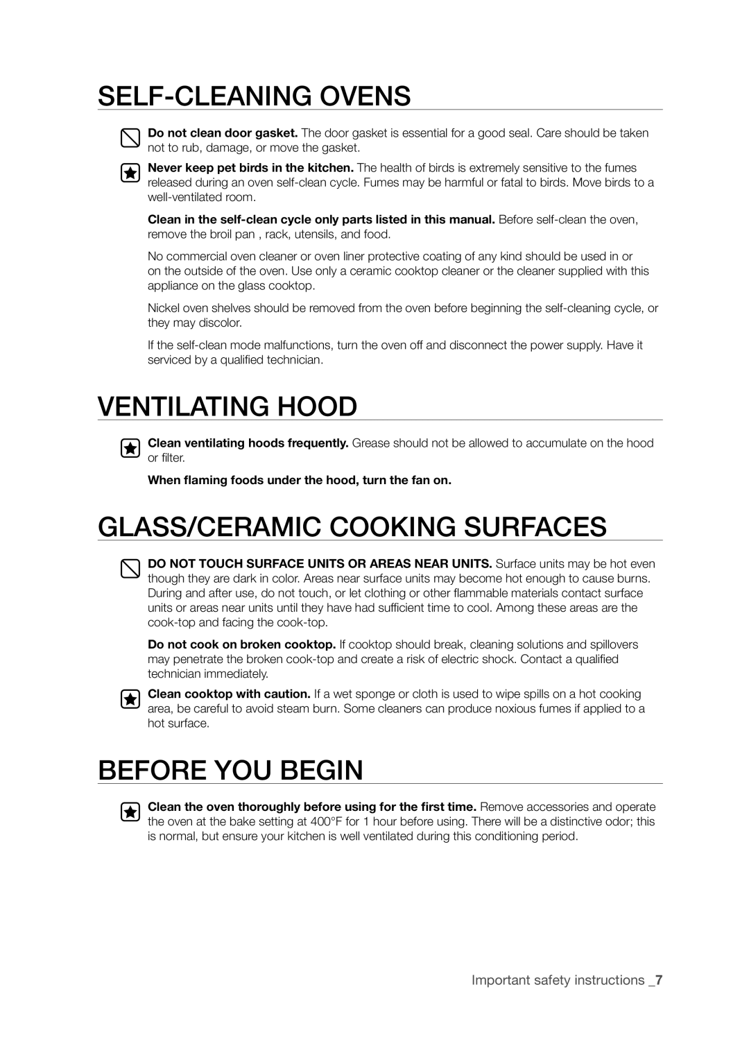 Samsung FTQ352IWX user manual Self-Cleaningovens, Ventilating Hood, Glass/Ceramic Cooking Surfaces, Before you begin 