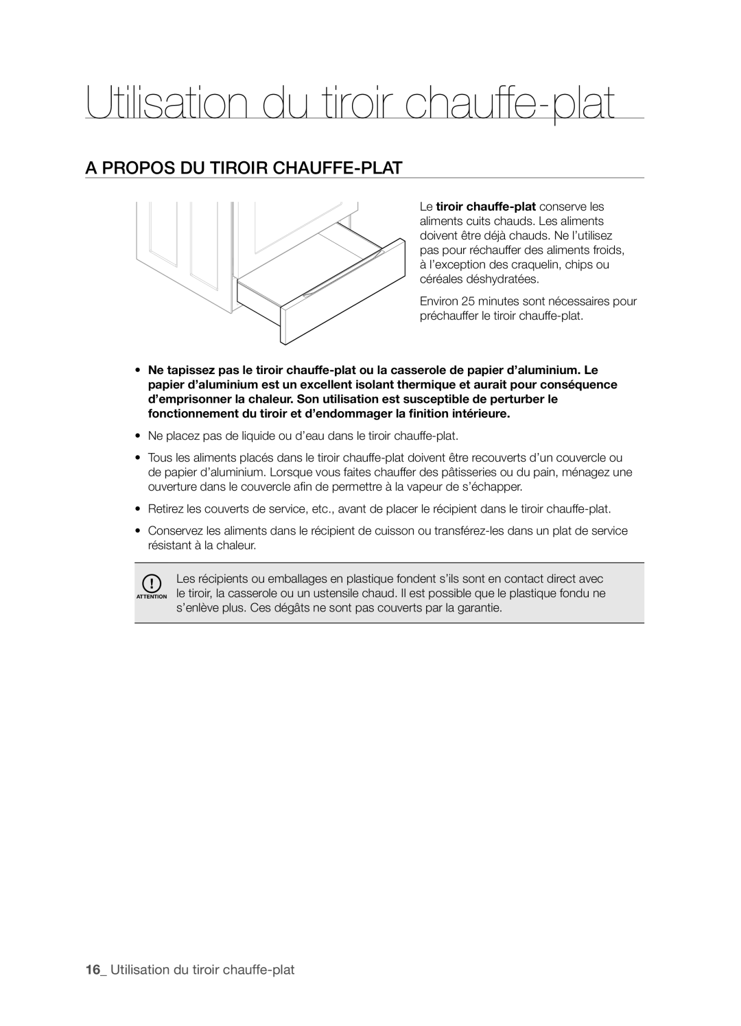 Samsung FTQ352IWX user manual Utilisation du tiroir chauffe-plat, A propos du tiroir chauffe-plat 