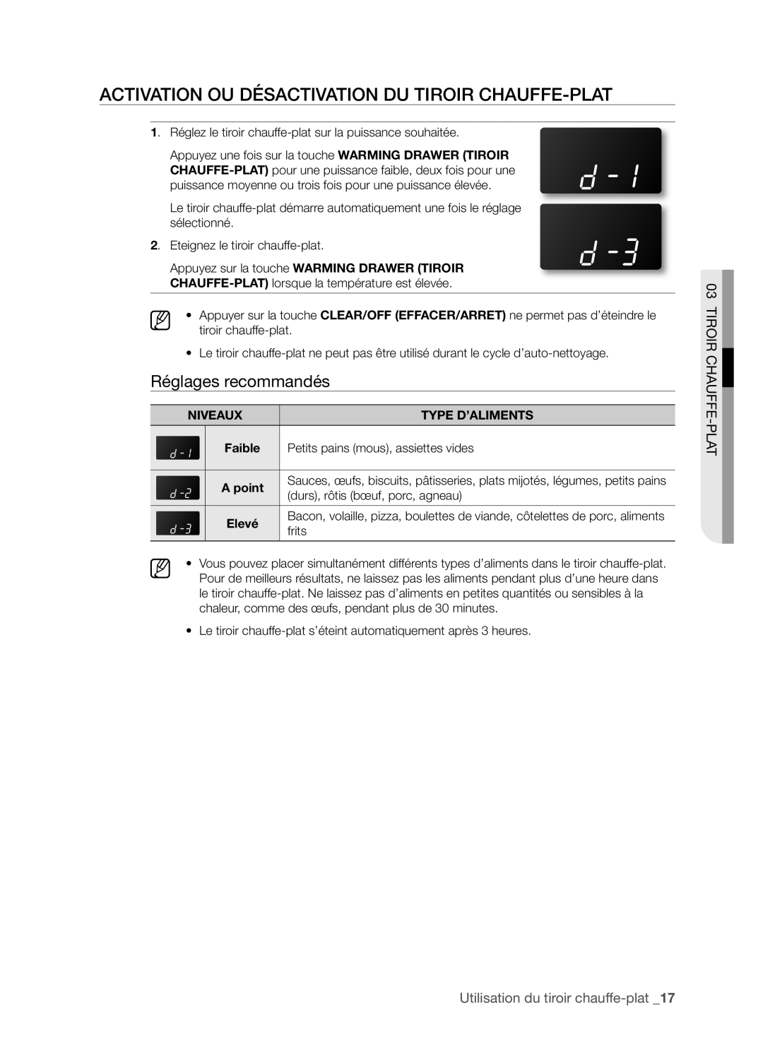 Samsung FTQ352IWX user manual Réglages recommandés, Tiroir Chauffe-Plat, Utilisation du tiroir chauffe-plat_1 