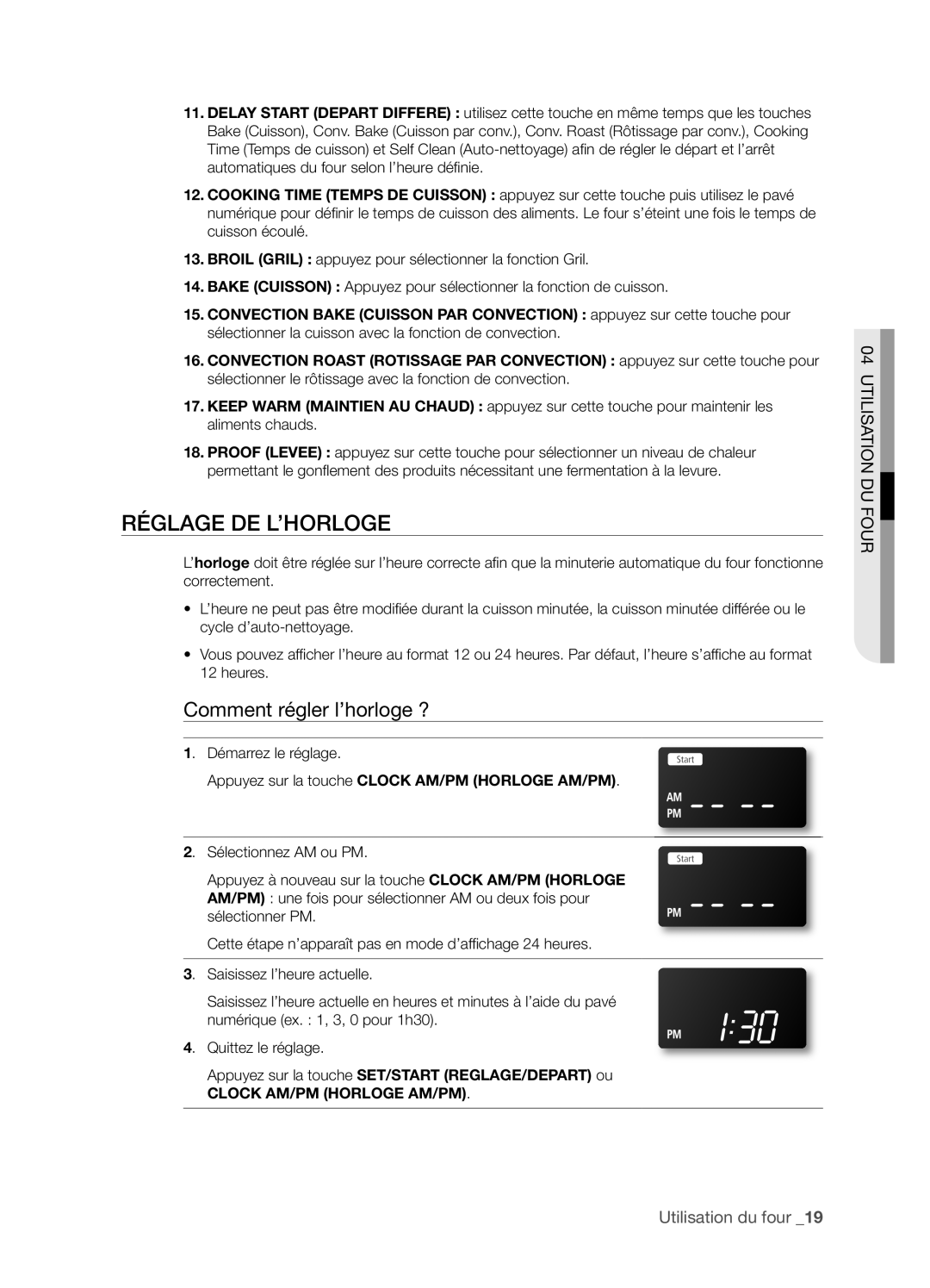 Samsung FTQ352IWX RéGLAGE DE L’HORLOGE, Comment régler l’horloge ?, Utilisation Du Four, Utilisation du four _19 
