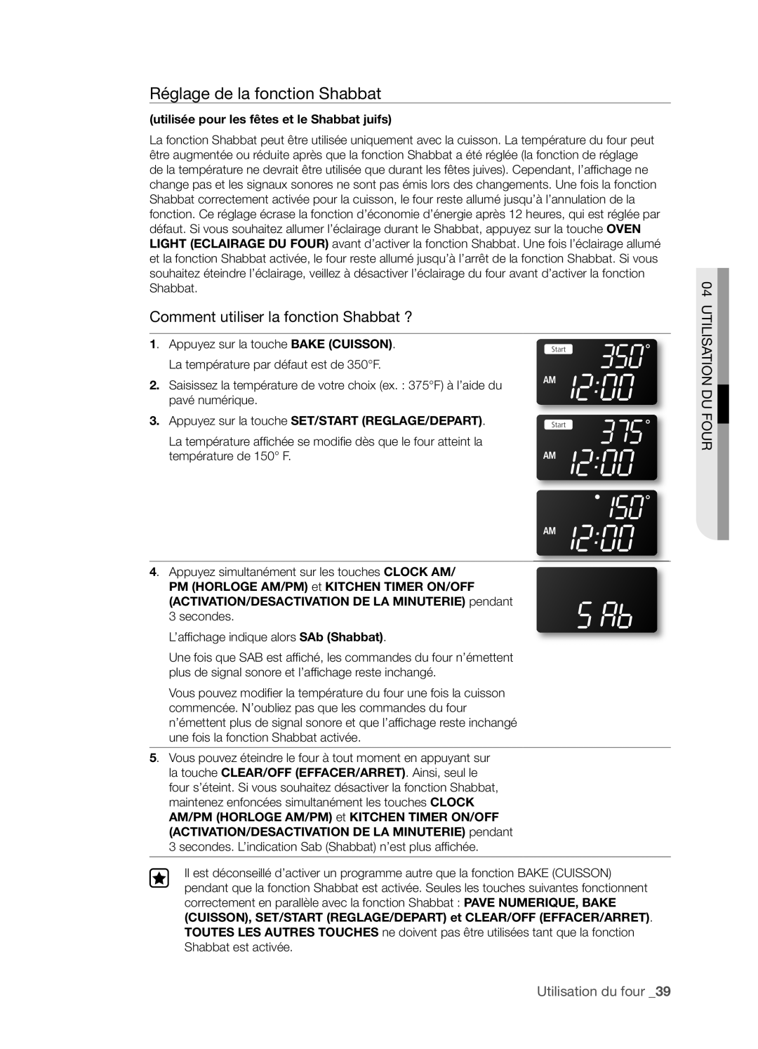 Samsung FTQ352IWX user manual Réglage de la fonction Shabbat, Comment utiliser la fonction Shabbat ?, Utilisation Du Four 