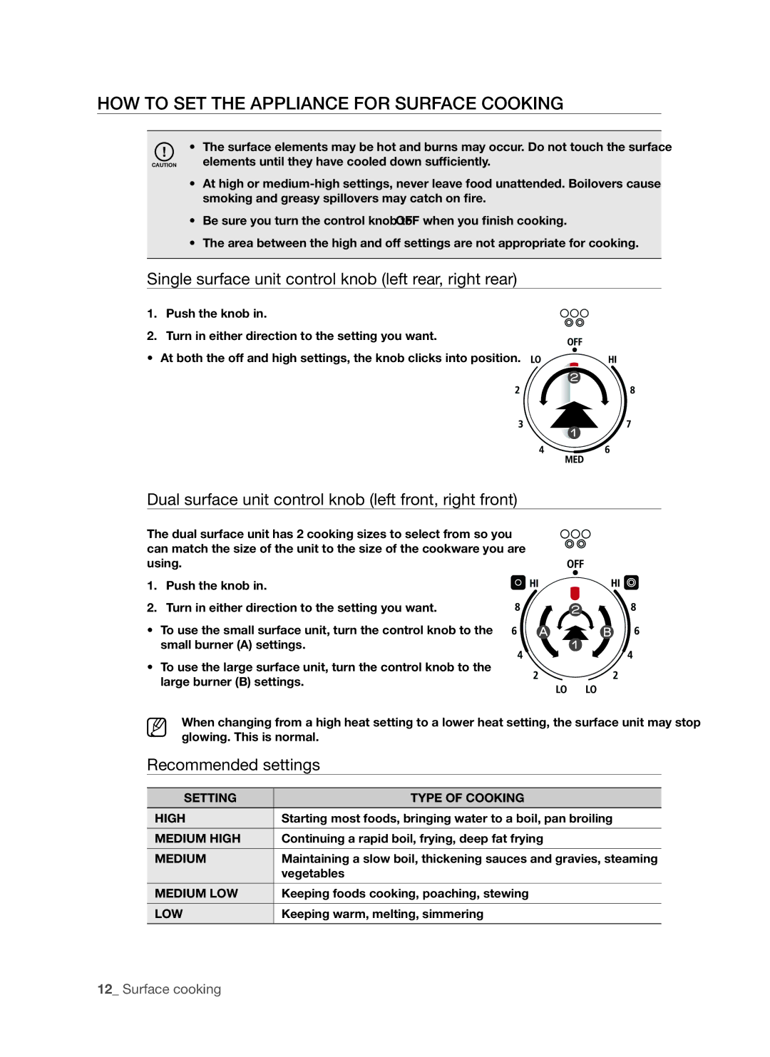 Samsung FTQ353 user manual Single surface unit control knob left rear, right rear, Recommended settings 