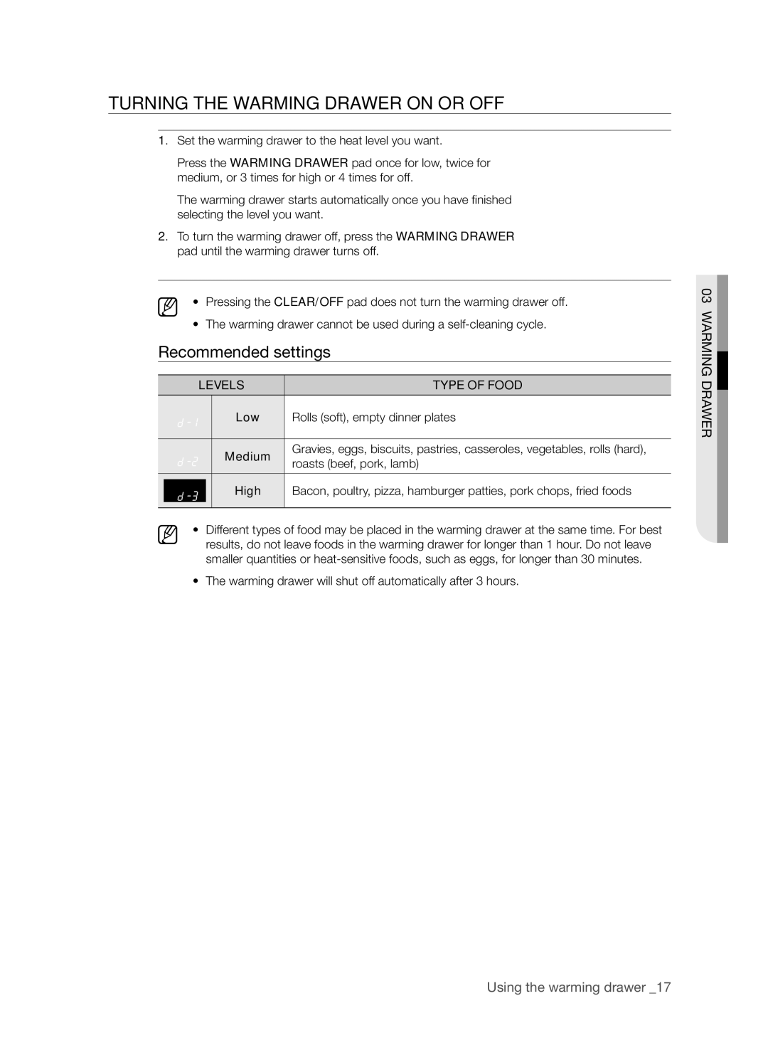 Samsung FTQ353 user manual Turning the Warming Drawer on or OFF, Levels, Low Rolls soft, empty dinner plates Medium 