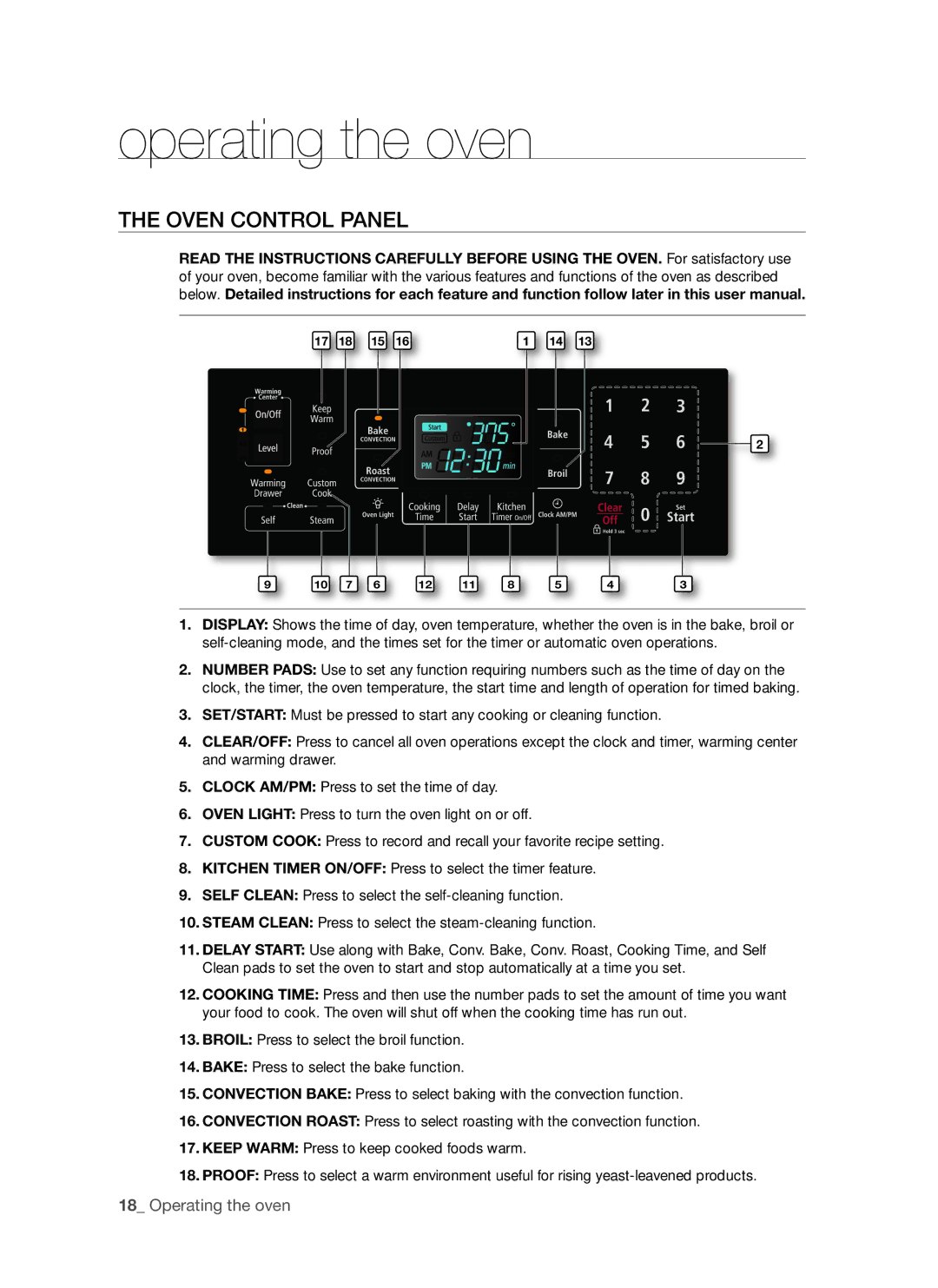 Samsung FTQ353 user manual Operating the oven, Oven Control Panel 